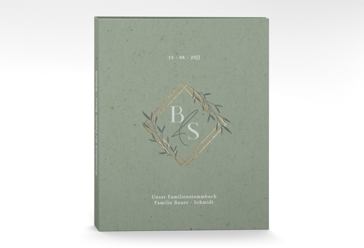 Stammbuch A4 Greenletter Stammbuch A4 gruen mit Initialen in elegantem Goldrahmen mit Blättern