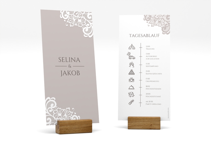 Tagesablauf Hochzeit Vintage lange Karte hoch grau mit floraler Spitze
