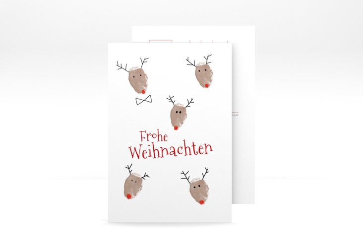 Weihnachtskarte Rudolph A6 Postkarte hochglanz lustig mit Fingerabdruck-Rentieren