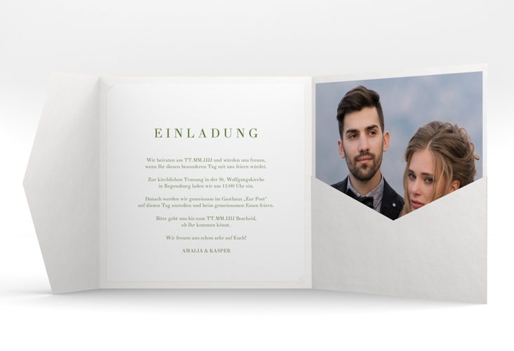 Hochzeitseinladung Filigrana Pocketfold gruen hochglanz in reduziertem Design mit Initialen und zartem Blätterkranz