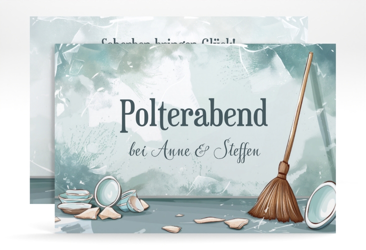 Party Einladungskarte Poltern A6 Karte quer tuerkis zum Polterabend mit Besen und zerbrochenem Porzellan