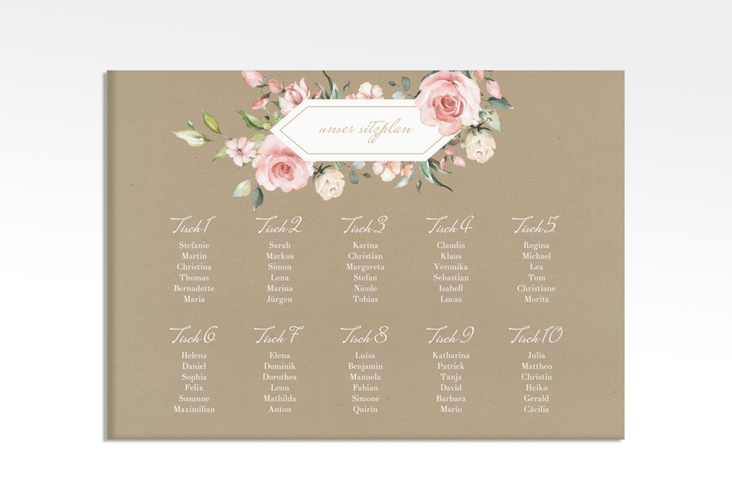 Sitzplan Leinwand Hochzeit Graceful 70 x 50 cm Leinwand Kraftpapier mit Rosenblüten in Rosa und Weiß