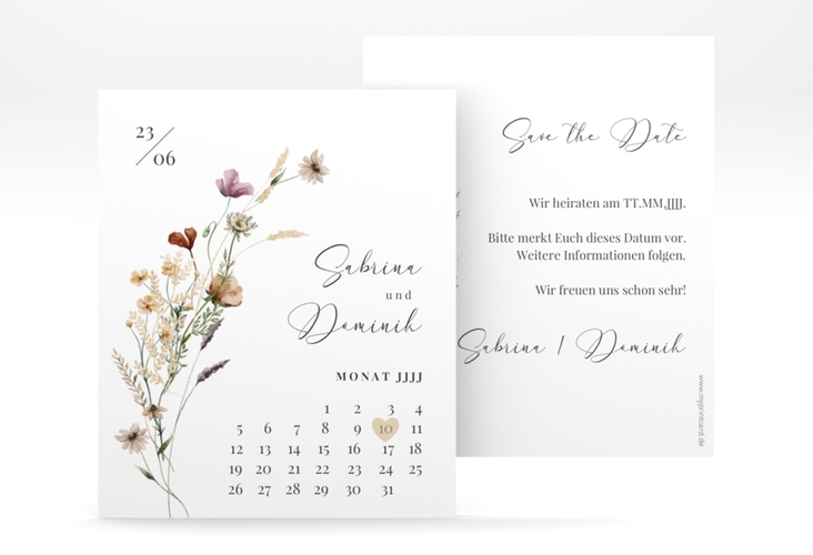 Save the Date-Kalenderblatt Sauvages Kalenderblatt-Karte mit getrockneten Wiesenblumen