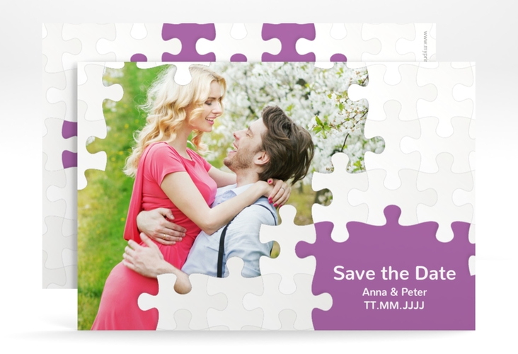 Save the Date-Karte Hochzeit Puzzle A6 Karte quer lila hochglanz