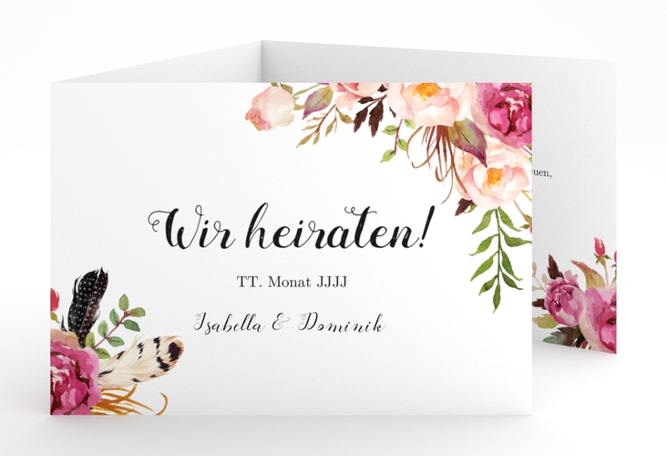 Hochzeitseinladung Flowers A6 Doppel-Klappkarte weiss hochglanz mit bunten Aquarell-Blumen
