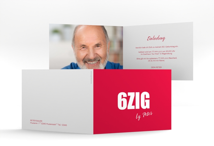 Einladung 60. Geburtstag Zig A6 Klappkarte quer rot