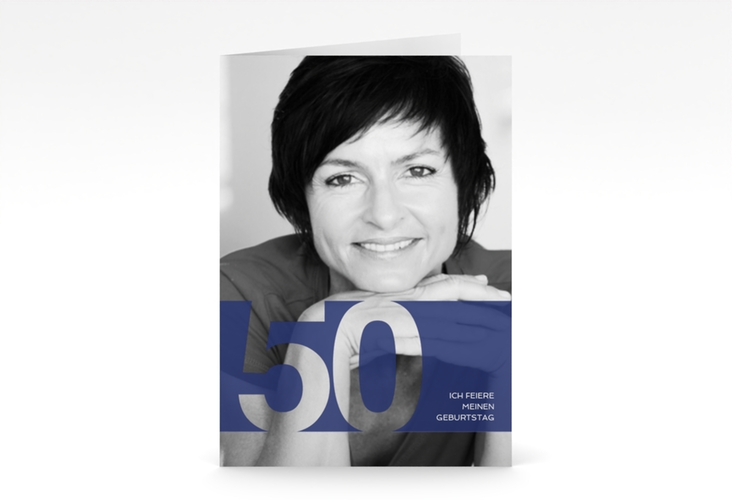 Einladung 50. Geburtstag Banderole A6 Klappkarte hoch blau