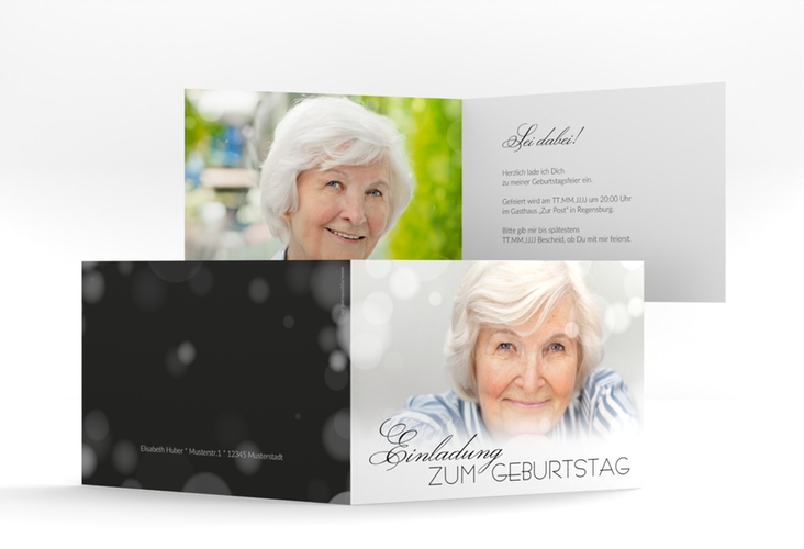 Einladung 80. Geburtstag Luminous A6 Klappkarte quer schwarz