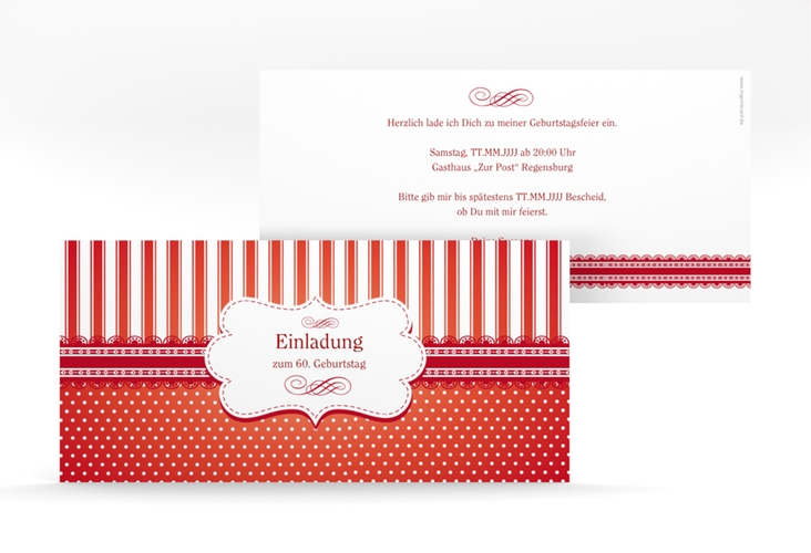 Einladung 60. Geburtstag Heinrich/Henriette lange Karte quer rot mit frechen Polka Dots