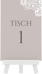 Klick: Details zu Tischnummer Hochzeit "Vintage" anzeigen Tischnummer Hochzeit Vintage Tischaufsteller grau mit floraler Spitze