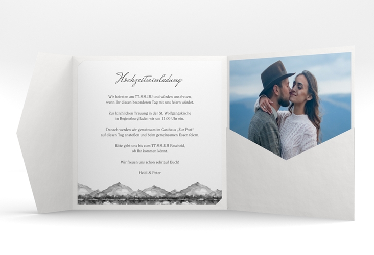 Hochzeitseinladung Bergliebe Pocketfold grau hochglanz mit Gebirgspanorama für Berghochzeit
