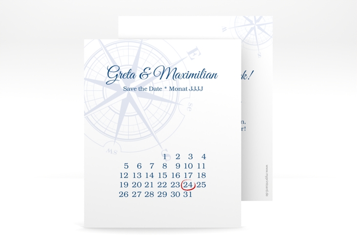 Save the Date-Kalenderblatt Windrose Kalenderblatt-Karte blau hochglanz