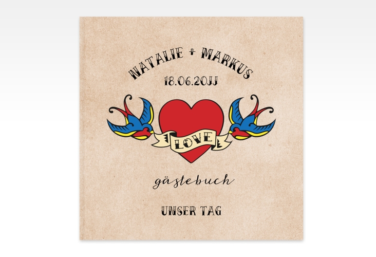 Gästebuch Creation Tattoo 20 x 20 cm, Hardcover beige mit Herz und zwei Schwalben