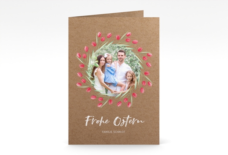 Osterkarte Tulips A6 Klappkarte hoch Kraftpapier hochglanz mit Foto und Blumenkranz aus Tulpen