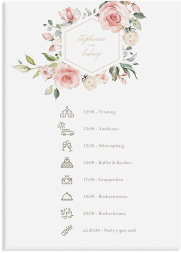 Klick: Details zu Tagesablauf Leinwand Hochzeit "Graceful" anzeigen Tagesablauf Leinwand Hochzeit Graceful 50 x 70 cm Leinwand weiss mit Rosenblüten in Rosa und Weiß