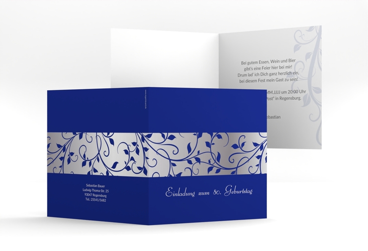 Einladung 80. Geburtstag Hermann/Hermine quadr. Klappkarte blau