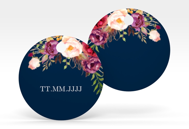 Geschenkanhänger Hochzeit Flowers Geschenkanhänger, rund blau mit bunten Aquarell-Blumen