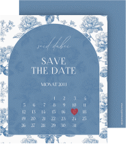 Klick: Details zu Save the Date-Kalenderblatt "Blue Floral" anzeigen Save the Date-Kalenderblatt Blue Floral Kalenderblatt-Karte blau mit blauem Blumenmuster auf weißem Grund