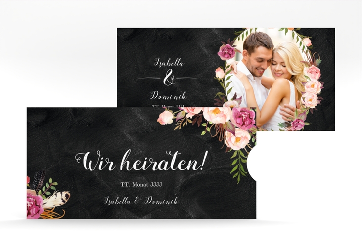 Hochzeitseinladung Flowers Einsteckkarte schwarz mit bunten Aquarell-Blumen