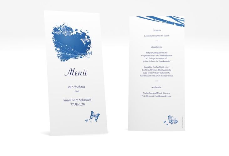 Menükarte Hochzeit Mailand lange Karte hoch blau hochglanz
