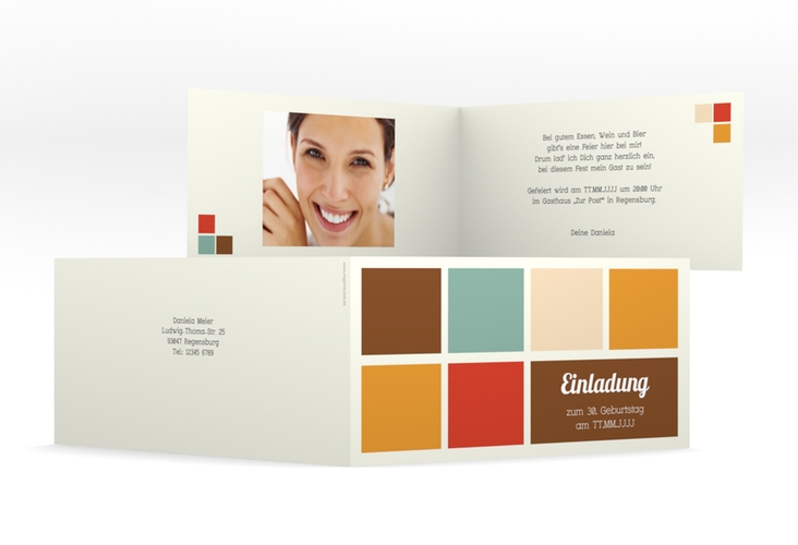 Einladung 30. Geburtstag Daniel/Daniela lange Klappkarte quer in Retro-Farben