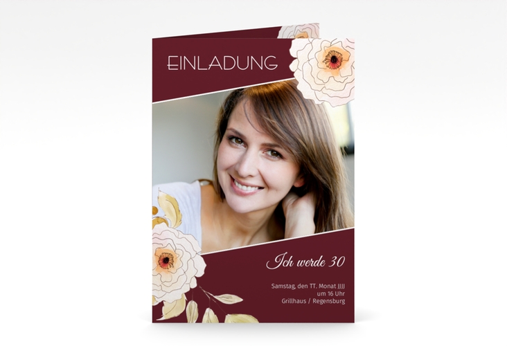 Einladung 30. Geburtstag Fleur A6 Klappkarte hoch rot hochglanz
