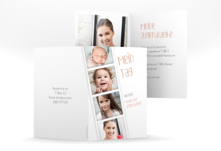 Einladung Jugendweihe Photostrip A6 Klappkarte hoch apricot hochglanz