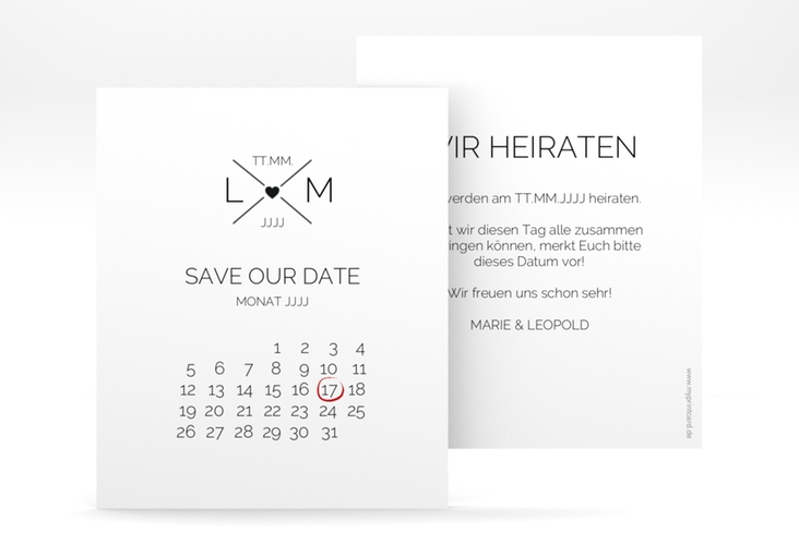 Save the Date-Kalenderblatt Initials Kalenderblatt-Karte hochglanz mit Initialen im minimalistischen Design
