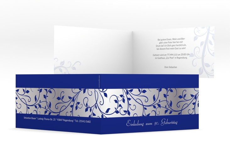 Einladung 50. Geburtstag Hermann/Hermine lange Klappkarte quer blau