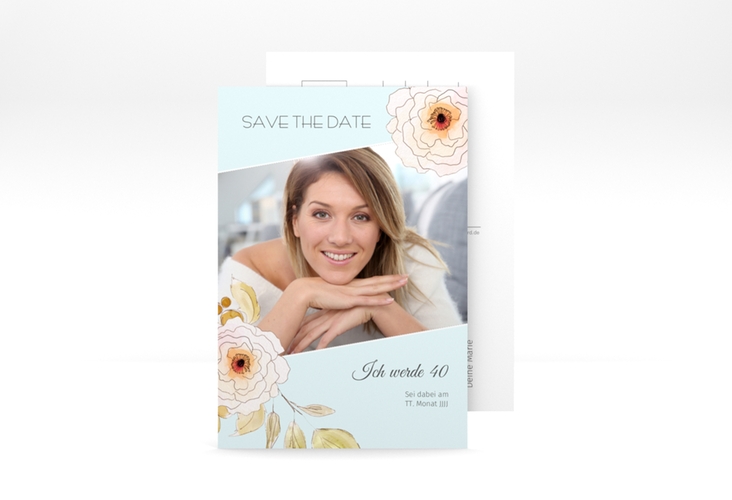 Save the Date-Postkarte Geburtstag Fleur A6 Postkarte tuerkis hochglanz