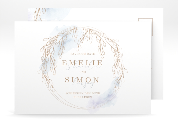 Save the Date-Postkarte Wisteria A6 Postkarte blau mit Blumenbogen aus Blauregen