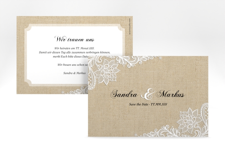 Save the Date-Karte Lace A6 Karte quer beige in Leinen-Optik mit weißer Spitze