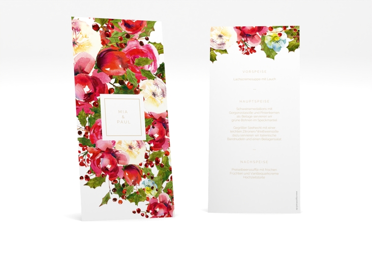 Menükarte Hochzeit Blumenpracht lange Karte hoch weiss