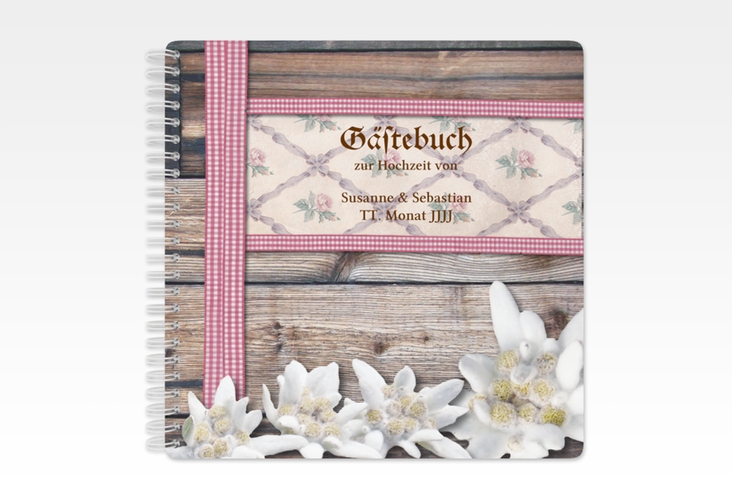Gästebuch Hochzeit Bayern Ringbindung rot mit Edelweiß in rustikaler Holz-Optik