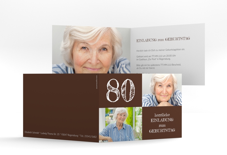 Einladung 80. Geburtstag Lebensfreude A6 Klappkarte quer braun hochglanz