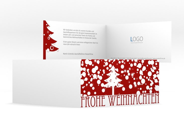 Business-Weihnachtskarte Schneeweiss lange Klappkarte quer rot hochglanz mit Art Déco Schriftzug und Winterlandschaft
