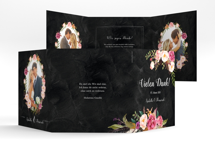 Dankeskarte Hochzeit Flowers quadr. Doppel-Klappkarte schwarz mit bunten Aquarell-Blumen