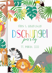 Klick: Details zu Einladungskarte Kindergeburtstag "Dschungelparty" anzeigen Einladungskarte Kindergeburtstag Dschungelparty A6 Karte hoch bunt mit Zootieren