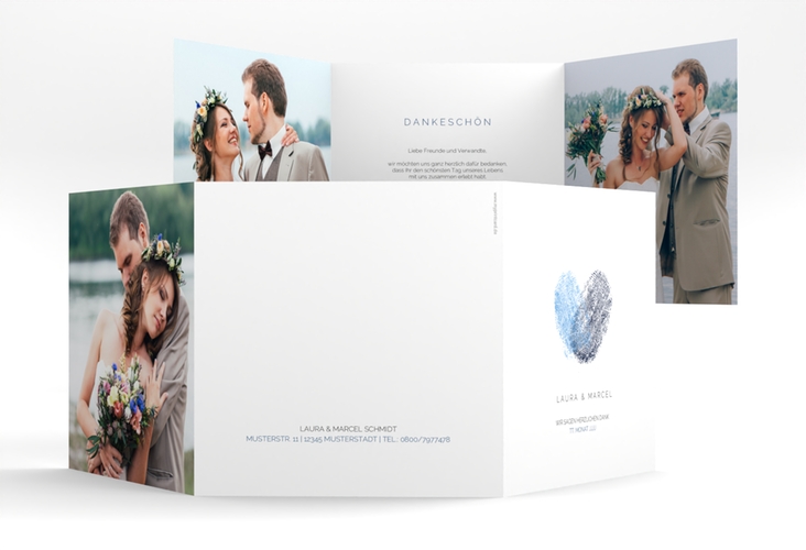 Dankeskarte Hochzeit Fingerprint quadr. Doppel-Klappkarte blau schlicht mit Fingerabdruck-Motiv