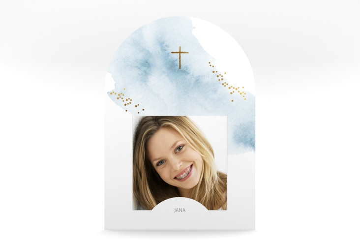 Konfirmationseinladung Sacrament mittlere Bogen-Karte + Foto blau in elegantem Aquarell-Look