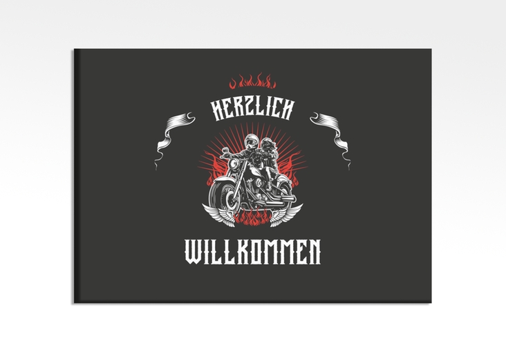 Willkommensschild Leinwand Biker 70 x 50 cm Leinwand schwarz mit Rocker-Paar auf Motorrad