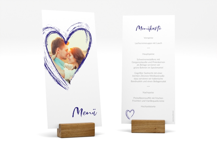 Menükarte Hochzeit Liebe lange Karte hoch blau hochglanz