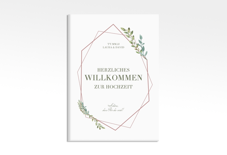 Willkommensschild Leinwand Herbarium 50 x 70 cm Leinwand rosa mit geometrischem Rahmen und Blätter-Dekor