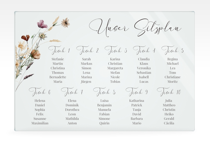 Sitzplan Acryl Hochzeit Sauvages 60 x 40 cm Acryl bunt mit getrockneten Wiesenblumen