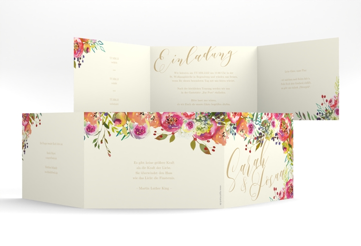 Hochzeitseinladung Flowerbomb A6 Doppel-Klappkarte beige