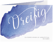 Einladung 30. Geburtstag Aquarell A6 Klappkarte quer blau mit erhobenem Skelett-Mittelfinger