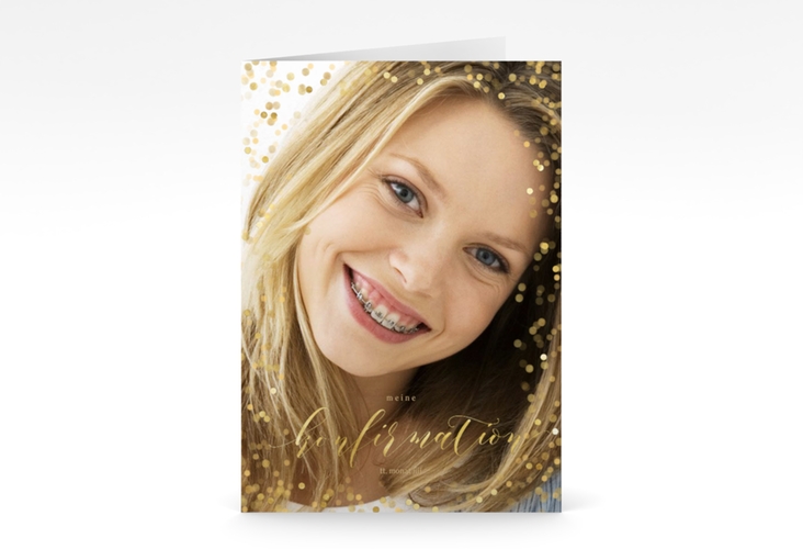 Einladung Konfirmation Lighten A6 Klappkarte hoch gold mit Foto und goldenem Konfetti