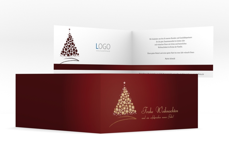 Business-Weihnachtskarte Goldverlauf lange Klappkarte quer rot hochglanz mit Weihnachtsbaum-Motiv