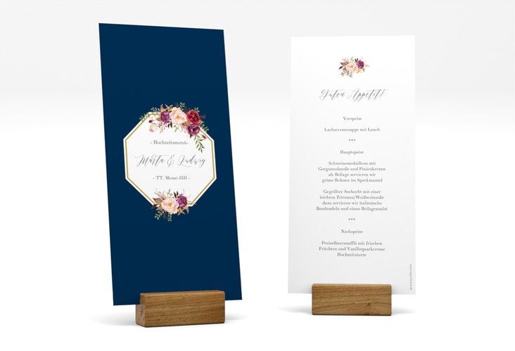 Menükarte Hochzeit Prachtvoll lange Karte hoch blau hochglanz