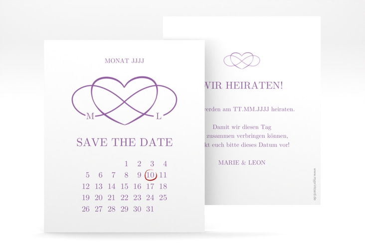 Save the Date-Kalenderblatt Infinity Kalenderblatt-Karte lila hochglanz